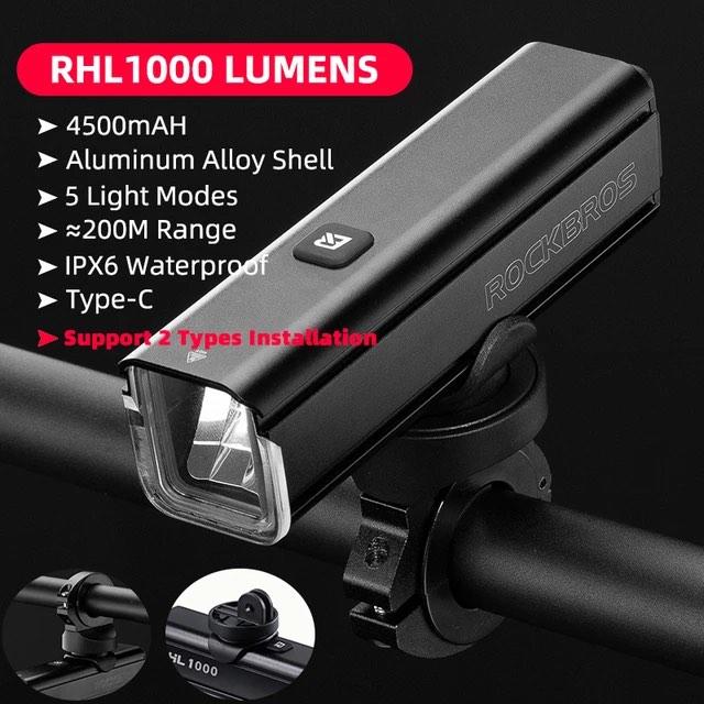 Rockbros RHL-1000 Lumen Bicycle Headlight Waterproof USB Rechargeable Night Bicycle Applicable 